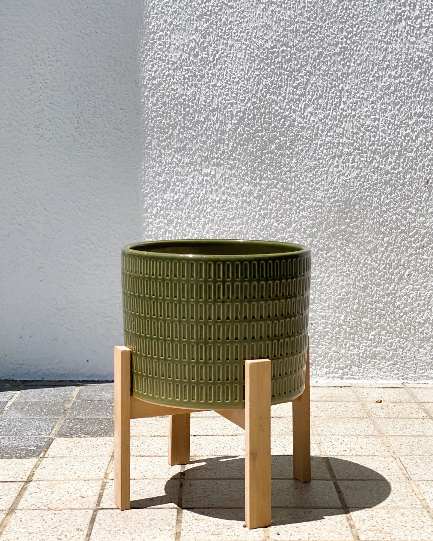 Emerald Plaid Planter with Wooden Stand